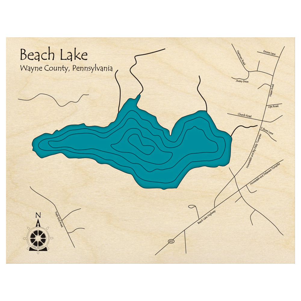 Bathymetric topo map of Beach Lake, PA with roads, towns and depths noted in blue water.
