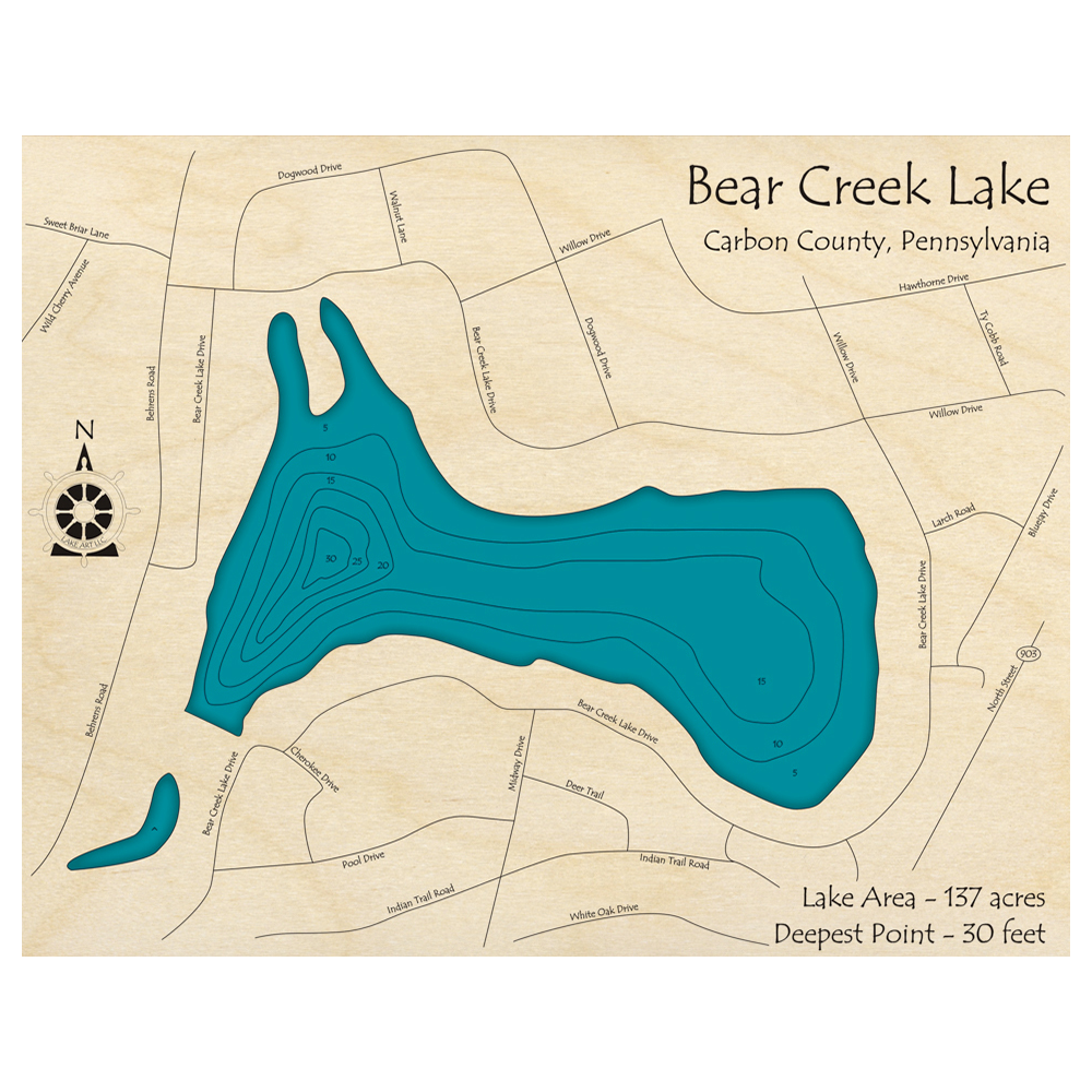 Bathymetric topo map of Bear Creek Lake, PA with roads, towns and depths noted in blue water.