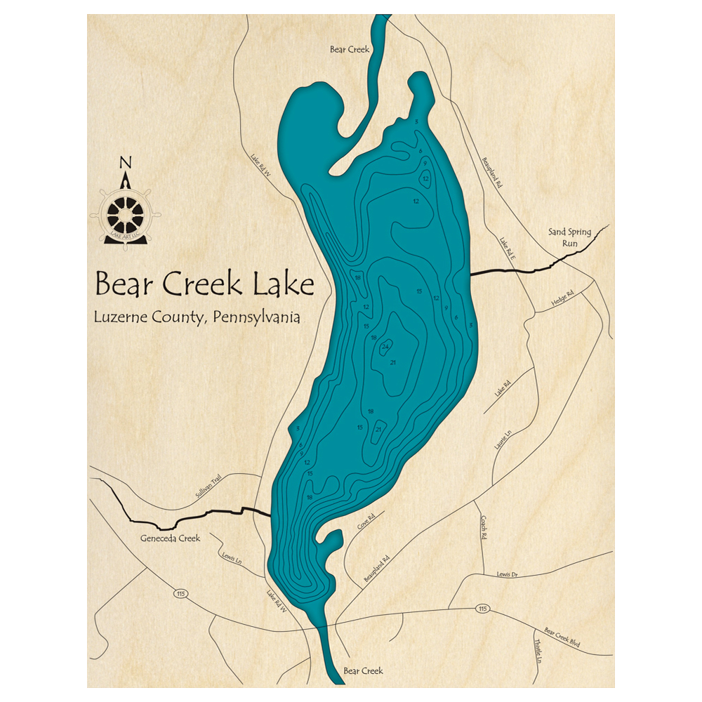 Bathymetric topo map of Bear Creek Lake, PA with roads, towns and depths noted in blue water.