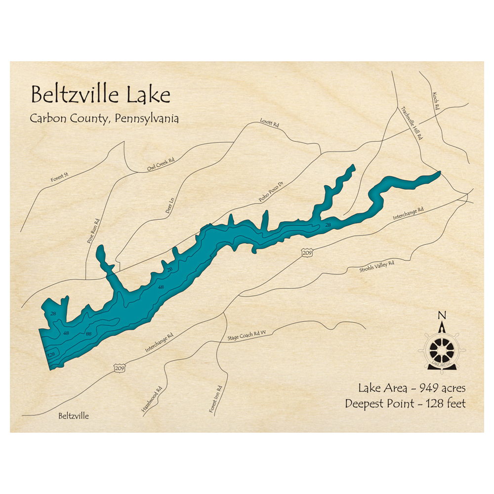Bathymetric topo map of Beltzville Lake, PA with roads, towns and depths noted in blue water.