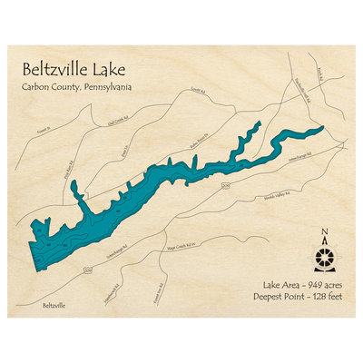 Bathymetric topo map of Beltzville Lake, PA with roads, towns and depths noted in blue water.