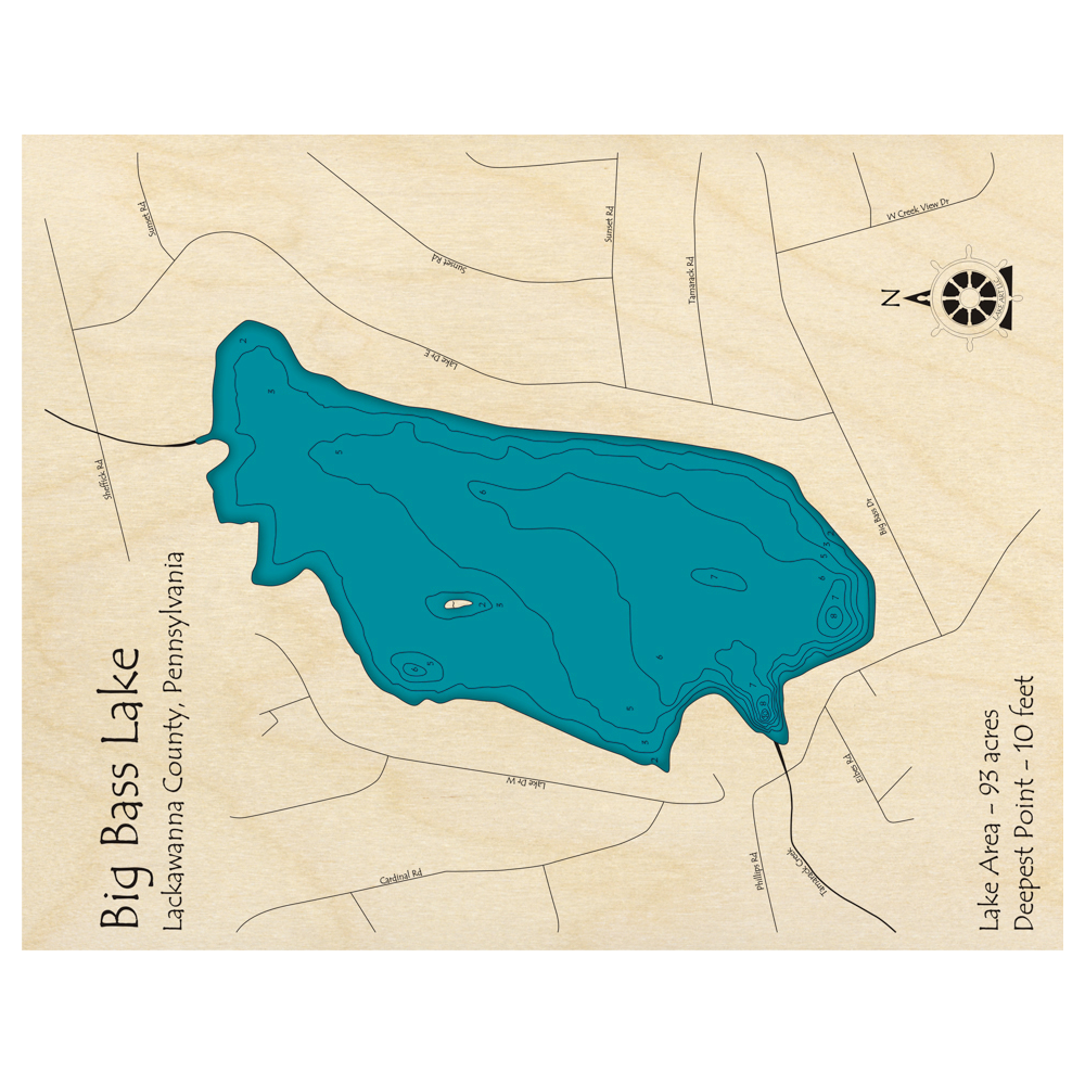 Bathymetric topo map of Big Bass Lake, PA with roads, towns and depths noted in blue water.