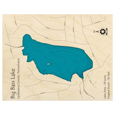 Bathymetric topo map of Big Bass Lake, PA with roads, towns and depths noted in blue water.