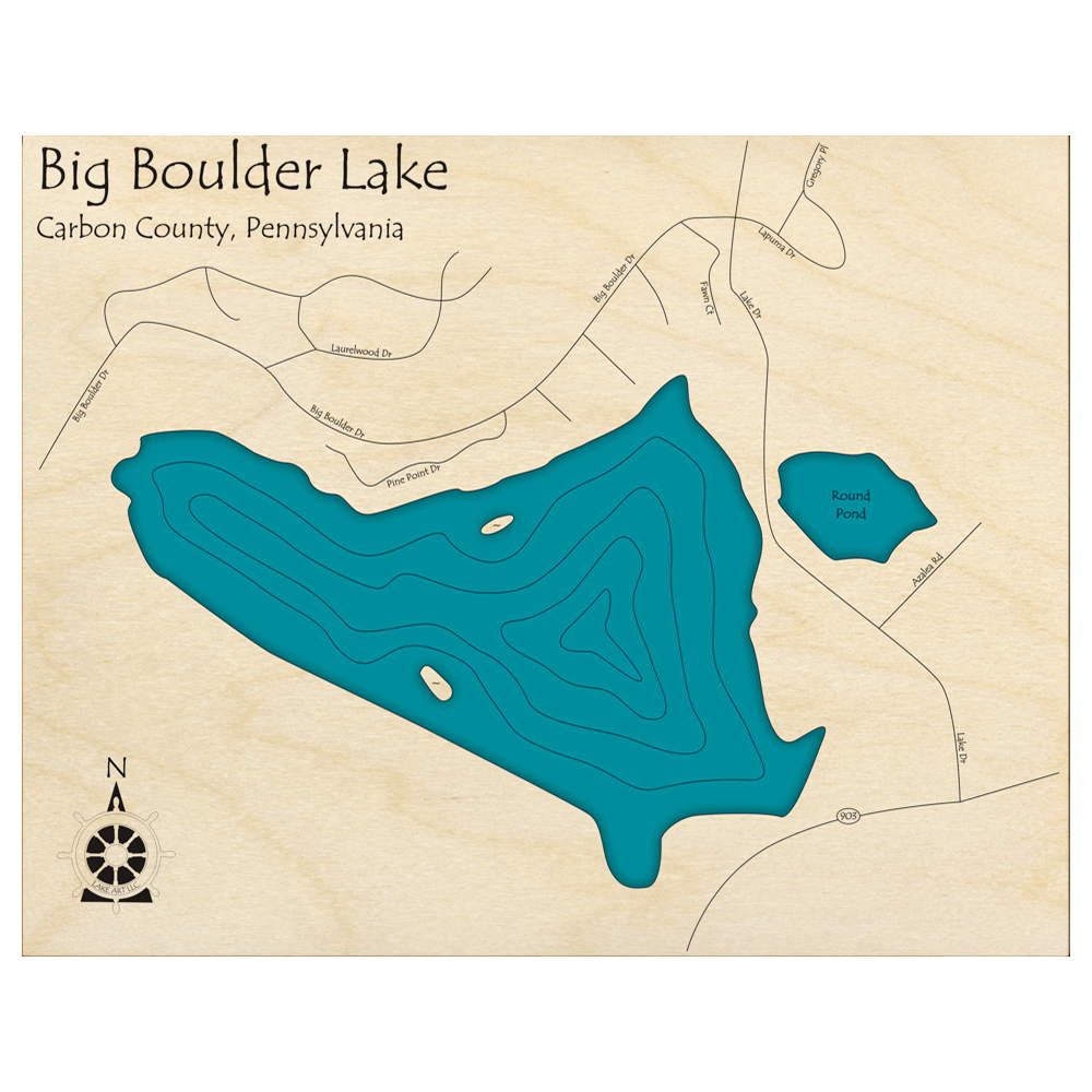 Bathymetric topo map of Big Boulder Lake, PA with roads, towns and depths noted in blue water.