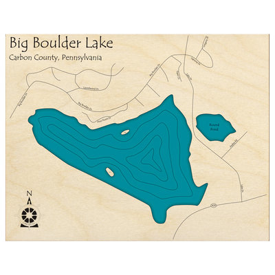 Bathymetric topo map of Big Boulder Lake, PA with roads, towns and depths noted in blue water.