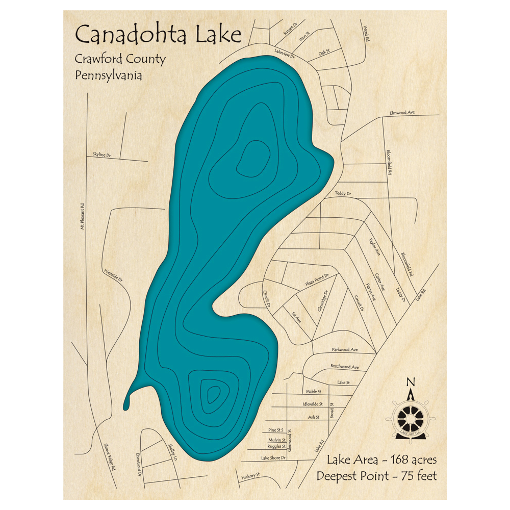 Bathymetric topo map of Lake Canadohta, PA with roads, towns and depths noted in blue water.