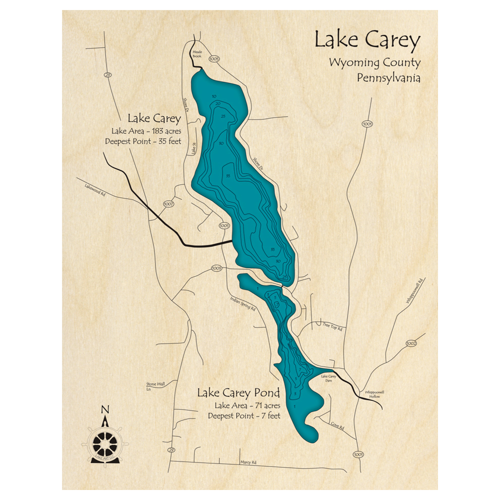 Bathymetric topo map of Lake Carey, PA with roads, towns and depths noted in blue water.