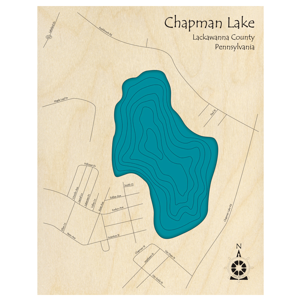 Bathymetric topo map of Chapman Lake, PA with roads, towns and depths noted in blue water.