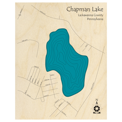 Bathymetric topo map of Chapman Lake, PA with roads, towns and depths noted in blue water.