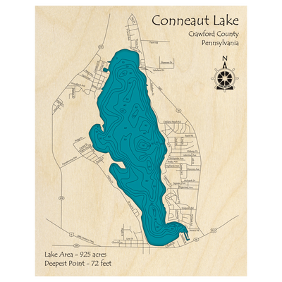Bathymetric topo map of Conneaut Lake, PA with roads, towns and depths noted in blue water.