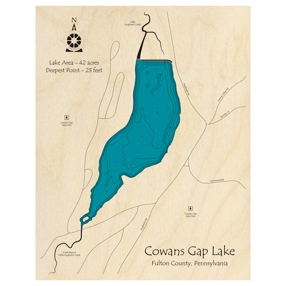 Bathymetric topo map of Cowans Gap, PA with roads, towns and depths noted in blue water.