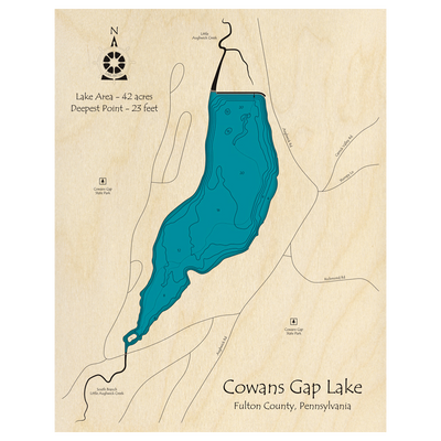 Bathymetric topo map of Cowans Gap, PA with roads, towns and depths noted in blue water.