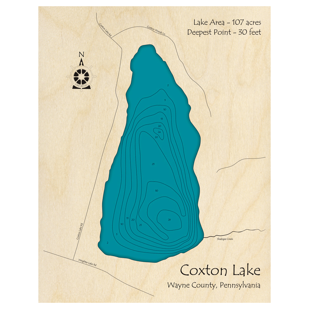 Bathymetric topo map of Coxton Lake, PA with roads, towns and depths noted in blue water.