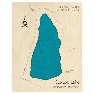 Bathymetric topo map of Coxton Lake, PA with roads, towns and depths noted in blue water.