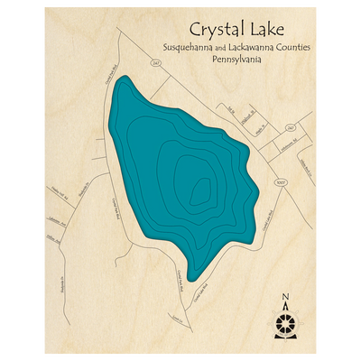 Bathymetric topo map of Crystal Lake, PA with roads, towns and depths noted in blue water.