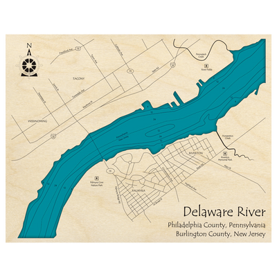 Bathymetric topo map of Delaware River at Riverton (PA, NJ) with roads, towns and depths noted in blue water.