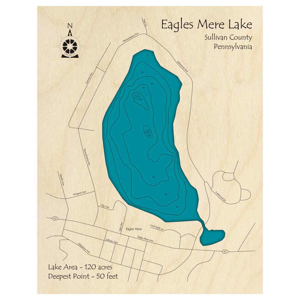 Bathymetric topo map of Eagles Mere Lake, PA with roads, towns and depths noted in blue water.