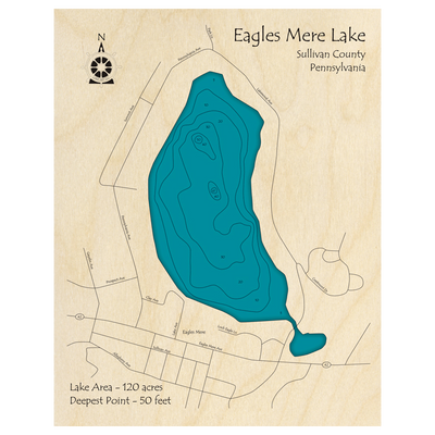 Bathymetric topo map of Eagles Mere Lake, PA with roads, towns and depths noted in blue water.