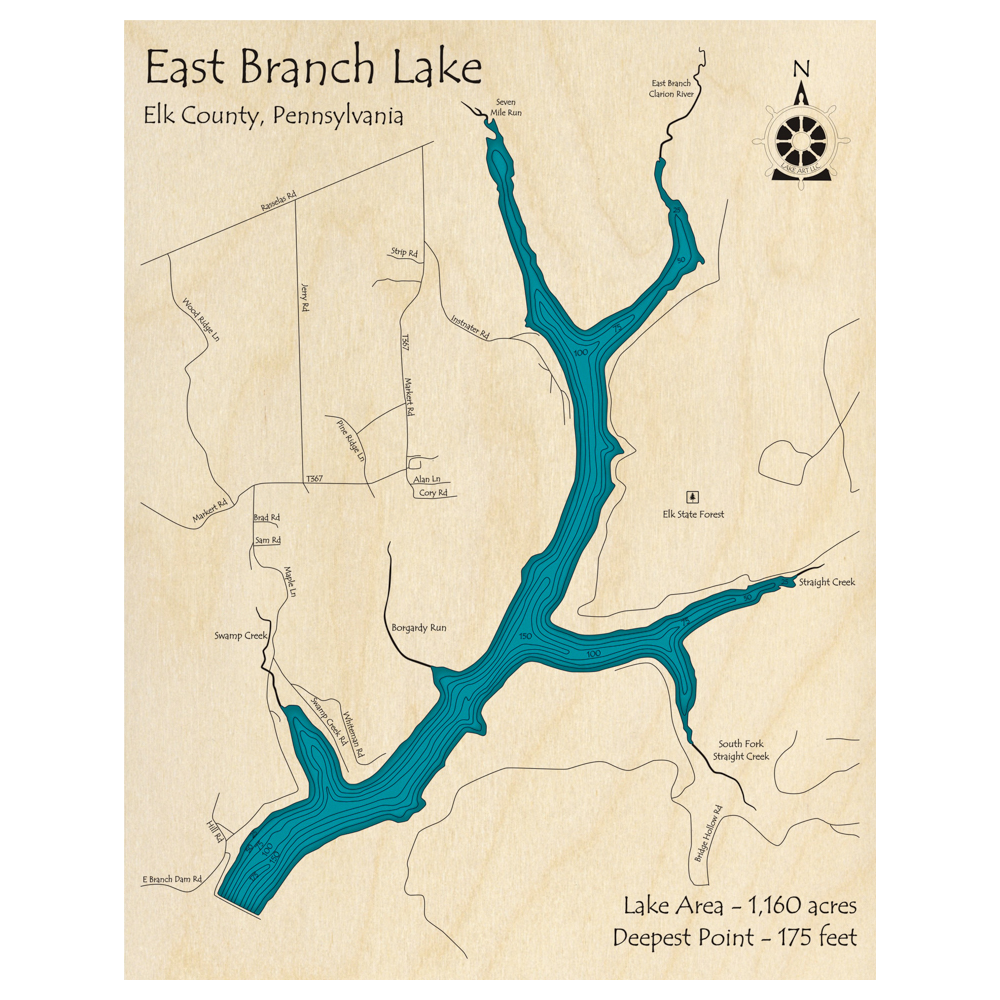 Bathymetric topo map of East Branch Lake, PA with roads, towns and depths noted in blue water.