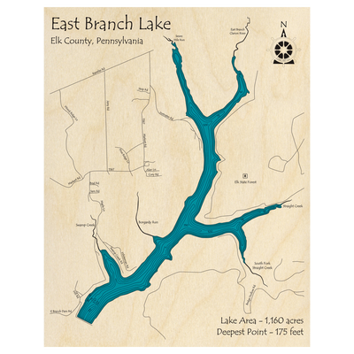 Bathymetric topo map of East Branch Lake, PA with roads, towns and depths noted in blue water.