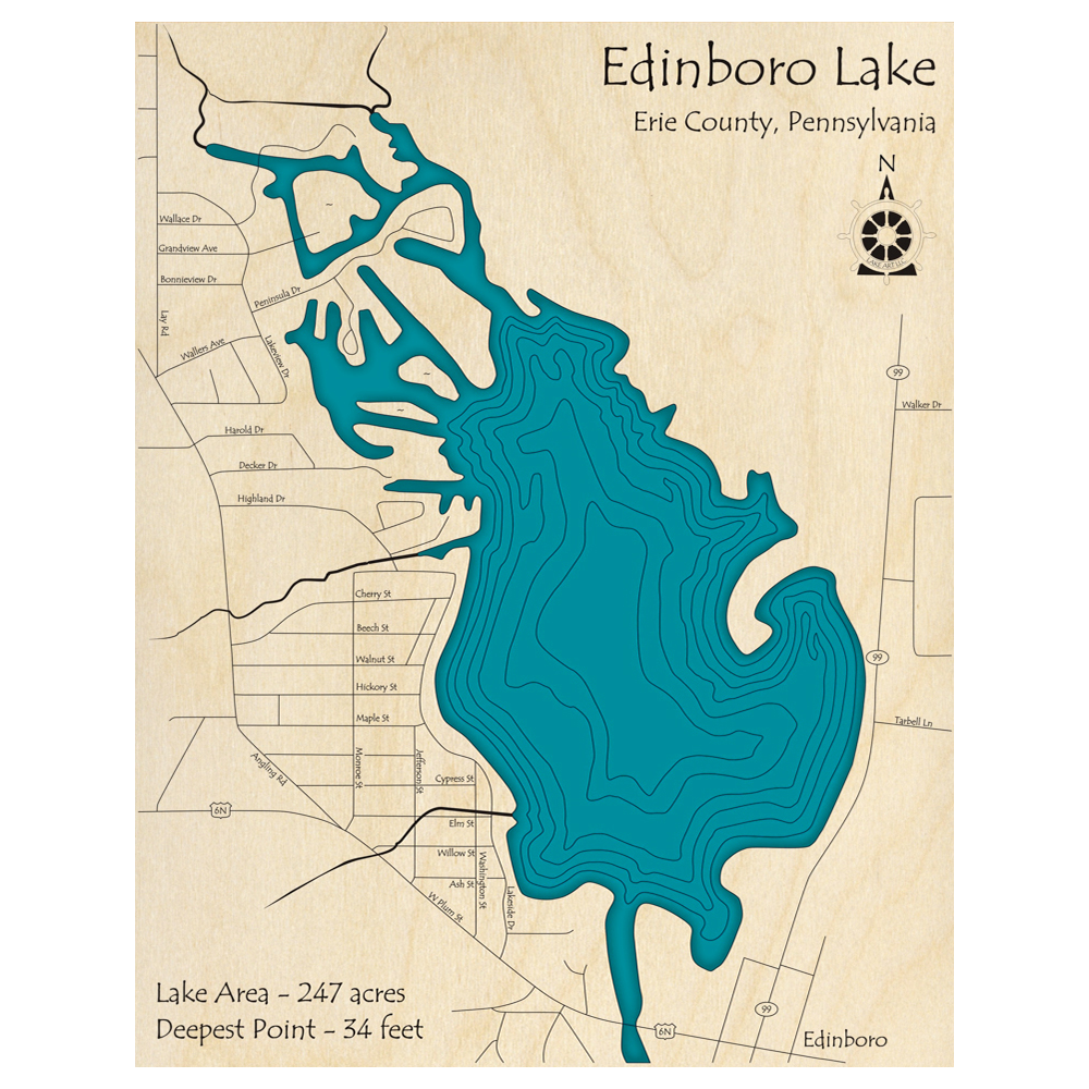 Bathymetric topo map of Edinboro Lake, PA with roads, towns and depths noted in blue water.