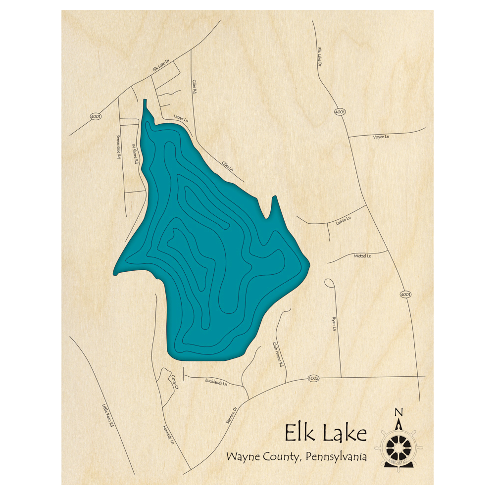 Bathymetric topo map of Elk Lake, PA with roads, towns and depths noted in blue water.