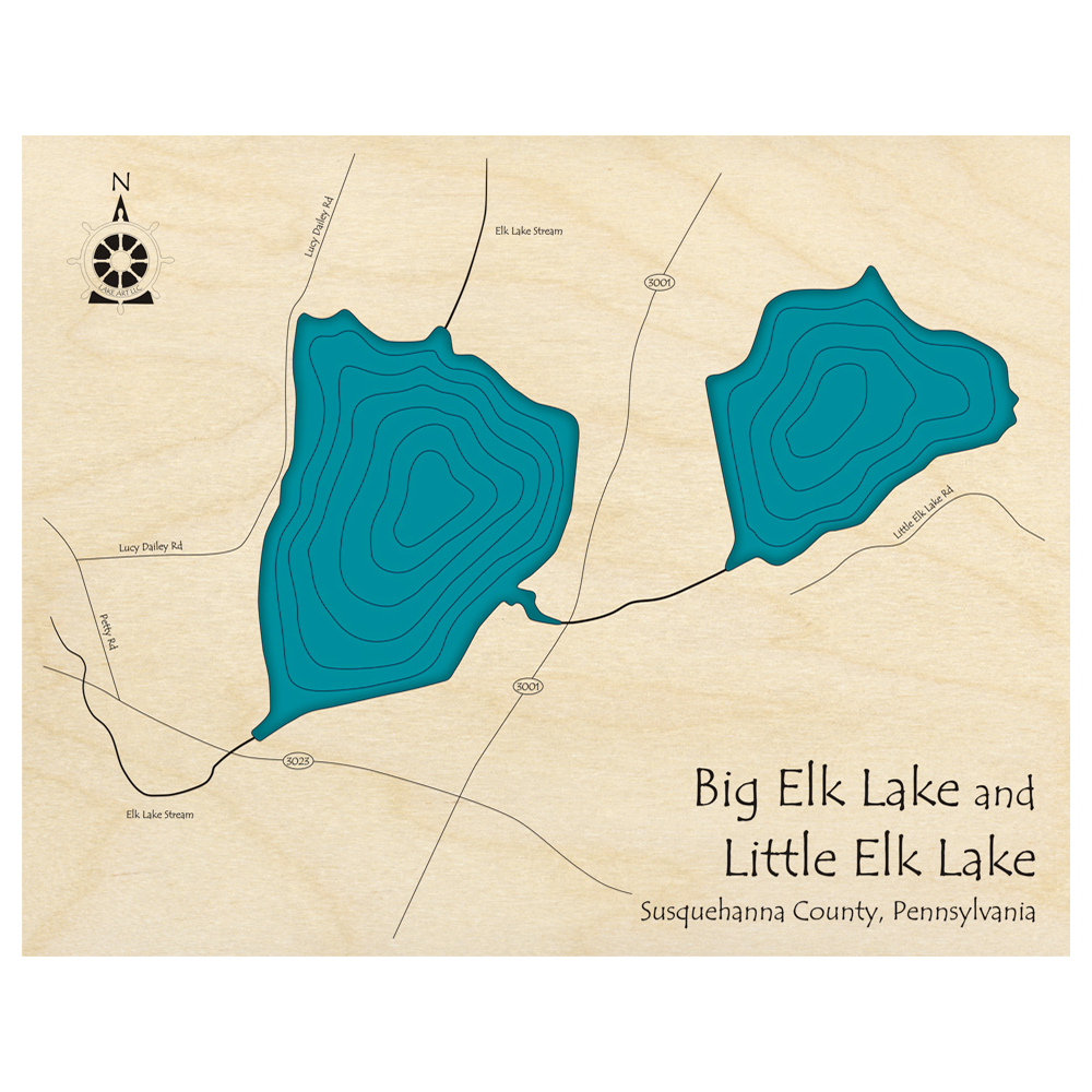 Bathymetric topo map of Big and Little Elk Lakes, PA with roads, towns and depths noted in blue water.