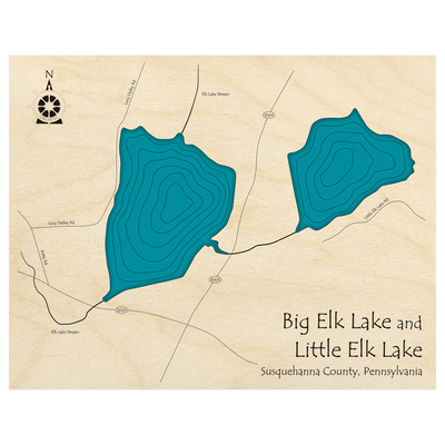 Bathymetric topo map of Big and Little Elk Lakes, PA with roads, towns and depths noted in blue water.
