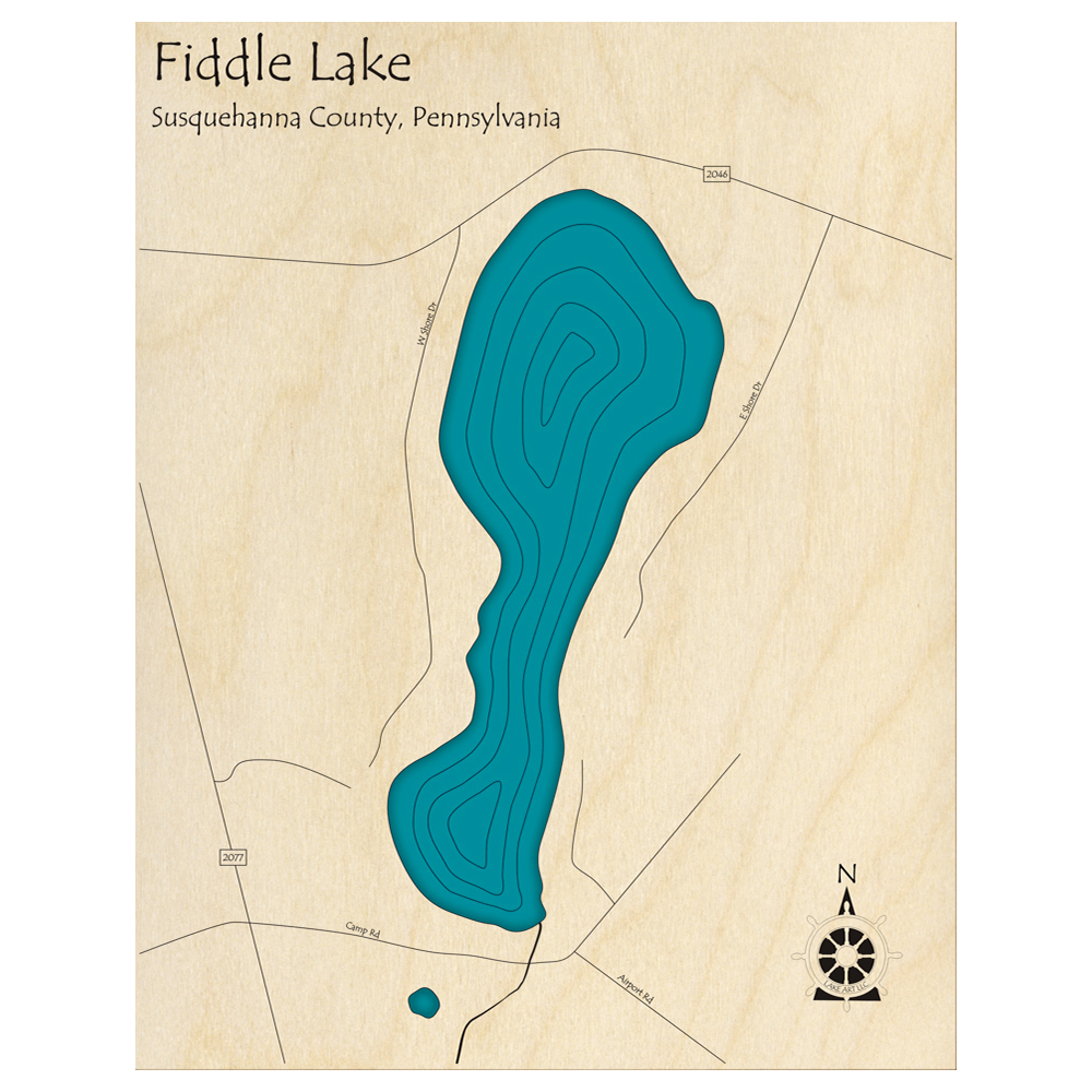 Bathymetric topo map of Fiddle Lake, PA with roads, towns and depths noted in blue water.