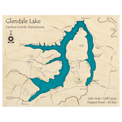 Bathymetric topo map of Glendale Lake, PA with roads, towns and depths noted in blue water.
