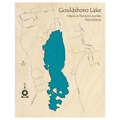 Bathymetric topo map of Gouldsboro Lake, PA with roads, towns and depths noted in blue water.