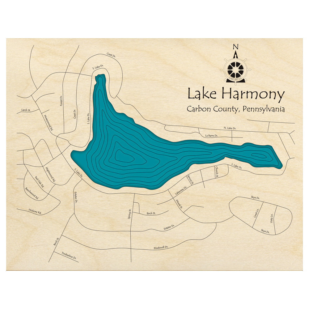 Bathymetric topo map of Harmony Lake, PA with roads, towns and depths noted in blue water.