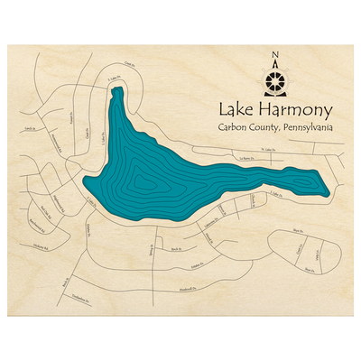 Bathymetric topo map of Harmony Lake, PA with roads, towns and depths noted in blue water.