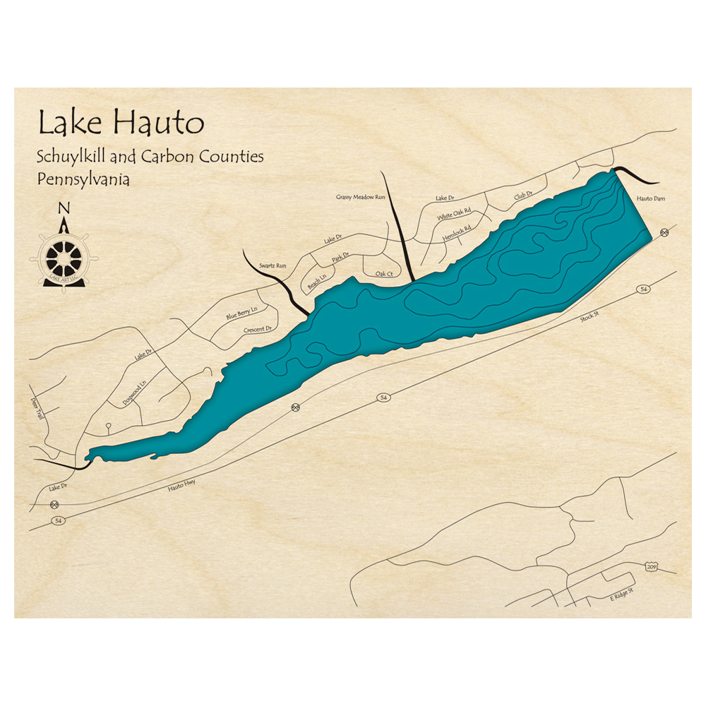 Bathymetric topo map of Lake Hauto, PA with roads, towns and depths noted in blue water.