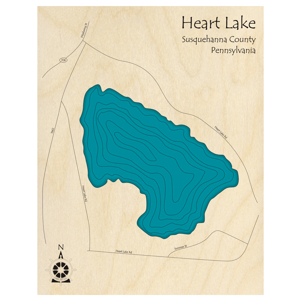 Bathymetric topo map of Heart Lake, PA with roads, towns and depths noted in blue water.