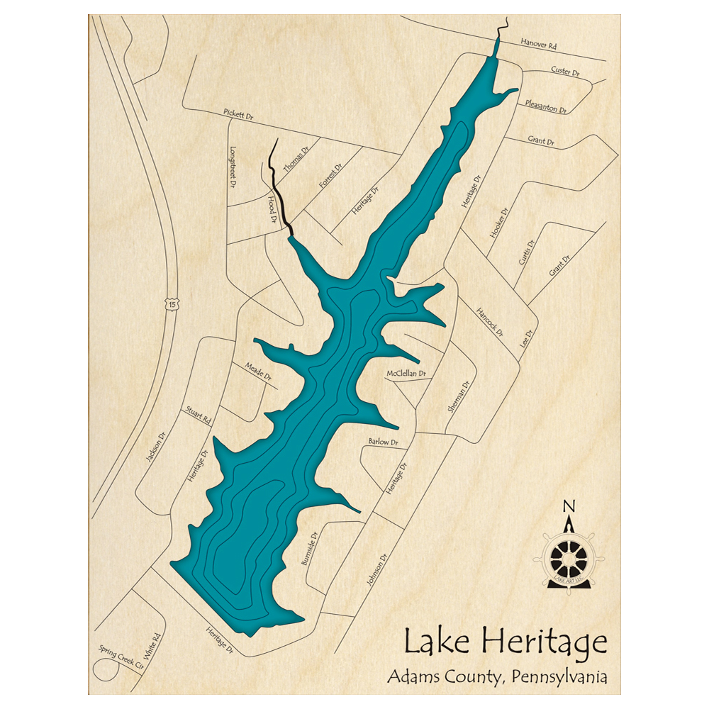 Bathymetric topo map of Lake Heritage, PA with roads, towns and depths noted in blue water.