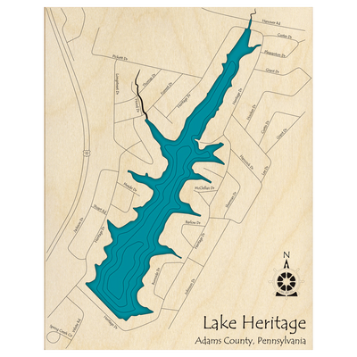 Bathymetric topo map of Lake Heritage, PA with roads, towns and depths noted in blue water.