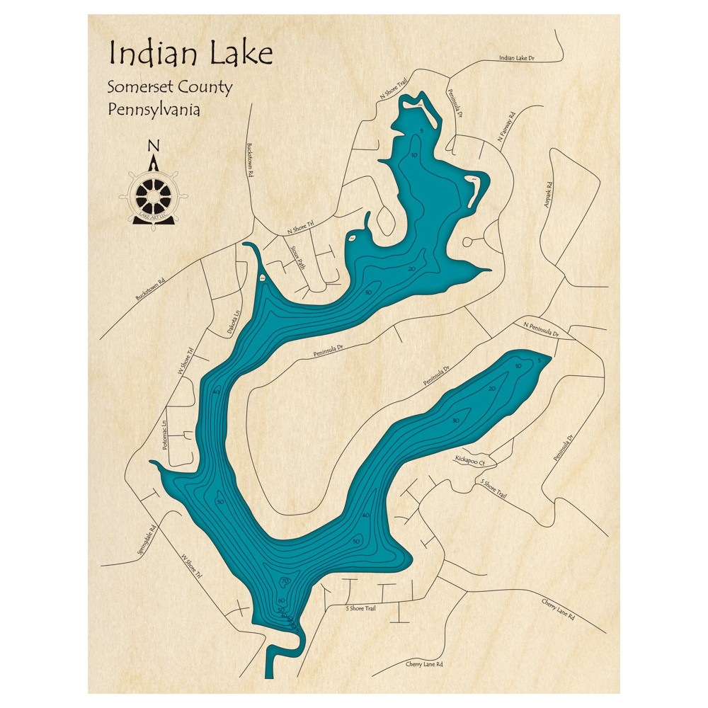Bathymetric topo map of Indian Lake, PA with roads, towns and depths noted in blue water.