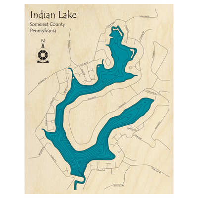 Bathymetric topo map of Indian Lake, PA with roads, towns and depths noted in blue water.