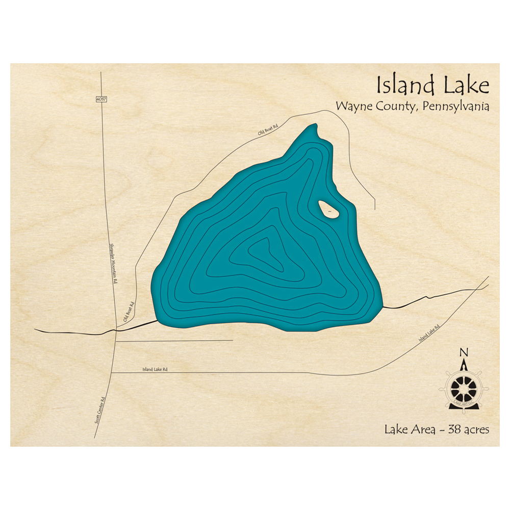 Bathymetric topo map of Island Lake, PA with roads, towns and depths noted in blue water.