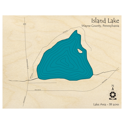 Bathymetric topo map of Island Lake, PA with roads, towns and depths noted in blue water.