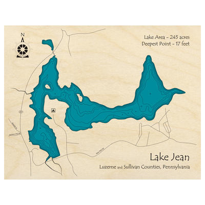 Bathymetric topo map of Lake Jean, PA with roads, towns and depths noted in blue water.