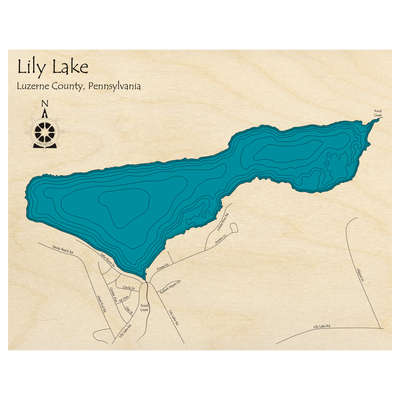 Bathymetric topo map of Lily Lake, PA with roads, towns and depths noted in blue water.