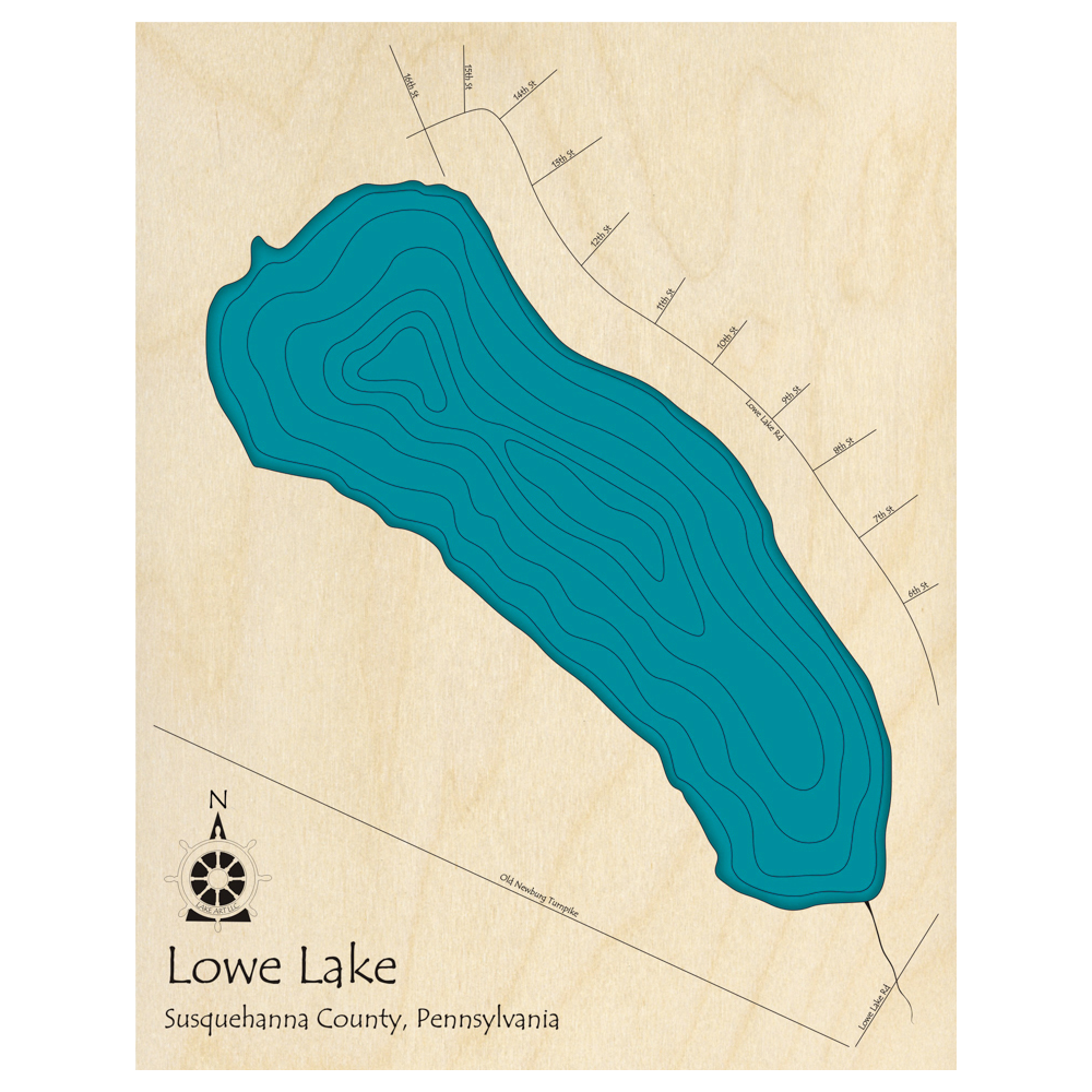 Bathymetric topo map of Lowe Lake, PA with roads, towns and depths noted in blue water.