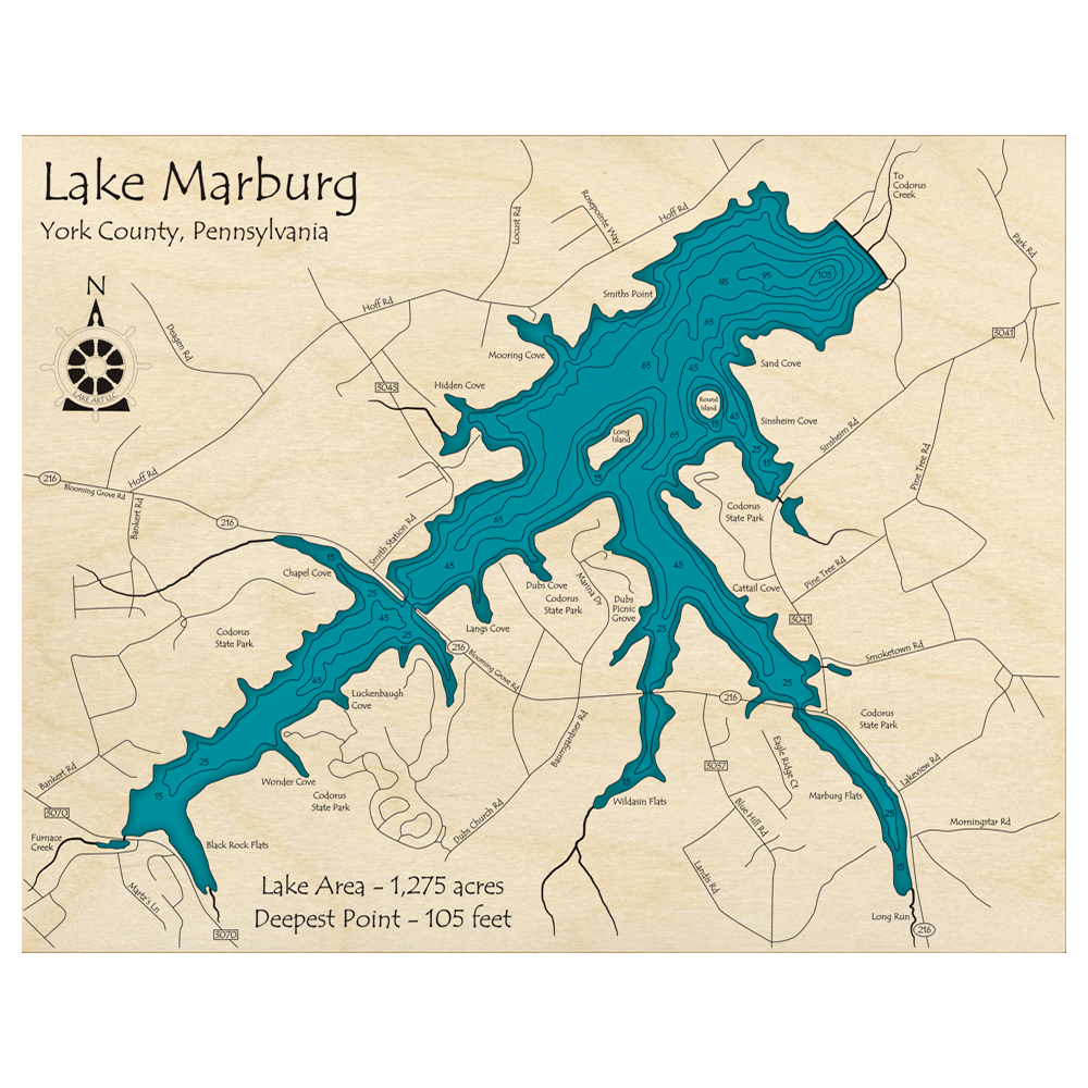 Bathymetric topo map of Lake Marburg, PA with roads, towns and depths noted in blue water.