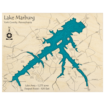 Bathymetric topo map of Lake Marburg, PA with roads, towns and depths noted in blue water.
