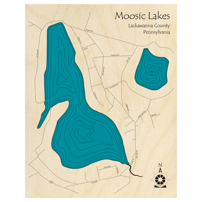 Bathymetric topo map of Moosic Lake, PA with roads, towns and depths noted in blue water.