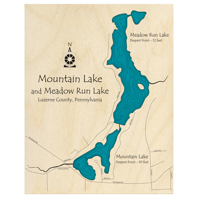 Bathymetric topo map of Mountain Lake and Meadow Run Lake, PA with roads, towns and depths noted in blue water.