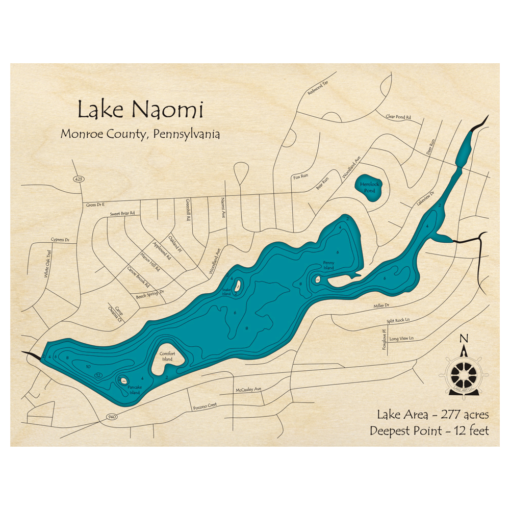 Bathymetric topo map of Lake Naomi, PA with roads, towns and depths noted in blue water.