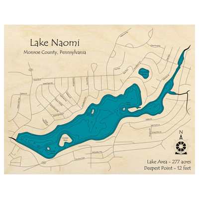 Bathymetric topo map of Lake Naomi, PA with roads, towns and depths noted in blue water.